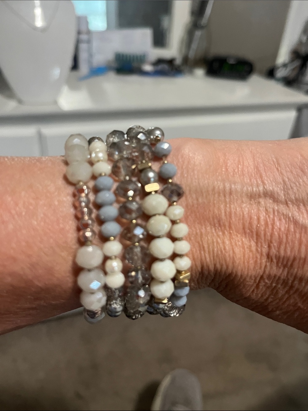 LOFT Multi-Stack Beaded Bracelet Set in White, Pale Blue & Gold